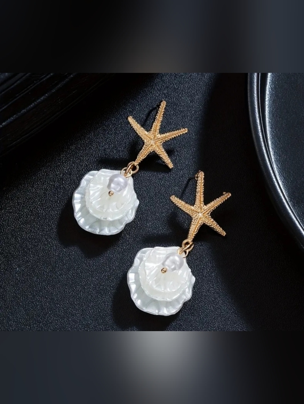 Gold Starfish with White Shell Pearl Drop Earrings NIP!